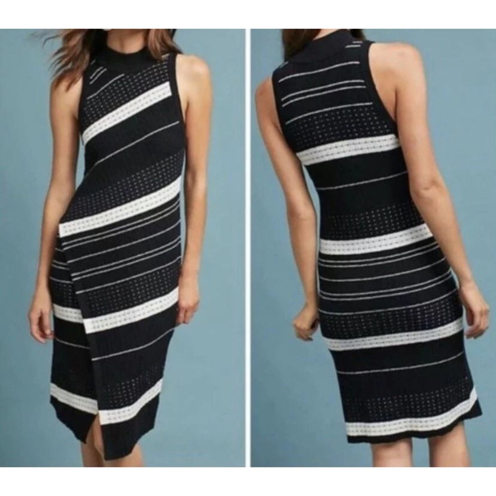 Anthropologie Black and White Striped Knit Midi Dress